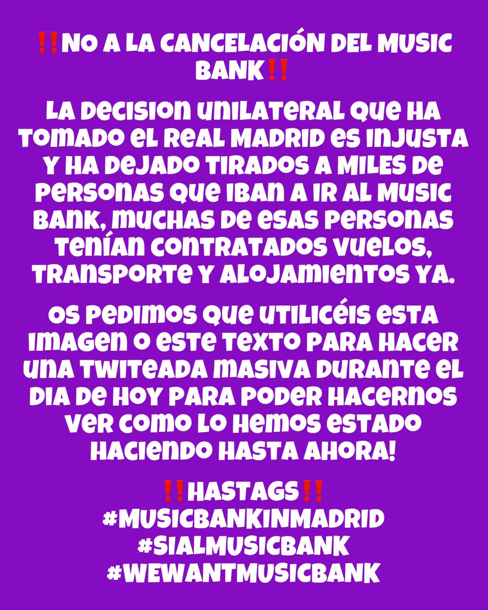 Nuria saw enha & bnd ♡ (@kepx1er_) on Twitter photo Cancelar un evento a menos de un mes de su realización, con todo pagado (tanto organizadora como asistentes), siendo día festivo y acabando el concierto a las 23:00 es una irresponsabilidad por parte del estadio.
#MUSICBANK  #MUSICBANKINMADRID 
#WEWANTMUSICBANK #SIALMUSICBANK Cancelar un evento a menos de un mes de su realización, con todo pagado (tanto organizadora como asistentes), siendo día festivo y acabando el concierto a las 23:00 es una irresponsabilidad por parte del estadio.
#MUSICBANK  #MUSICBANKINMADRID 
#WEWANTMUSICBANK #SIALMUSICBANK