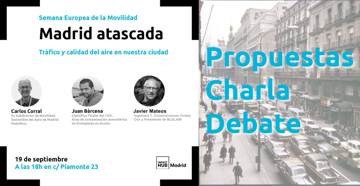 Este jueves 19 de septiembre, en la #SemanaEuropeadelaMovilidad, se celebra este debate sobre un problema que sigue existiendo, aunque no se hable tanto de él como antes
📍C/Piamonte 23
🕕 18:00
Para asistir hay que apuntarse en este enlace  hubconecta.net/events/151146?…
Los ponentes🧵