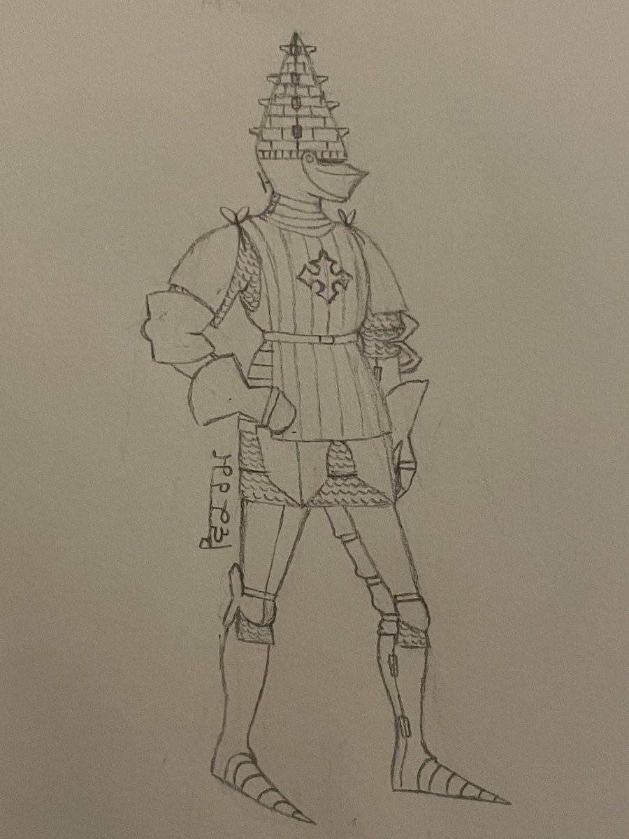 redninenine_'s tweet image. sketch of a red church soldier. this one in particular is a chaplain, signified by the conical armet. the same helmet is shared by vicars and deacons within the army. i’ll get to drawing a digital version someday :p