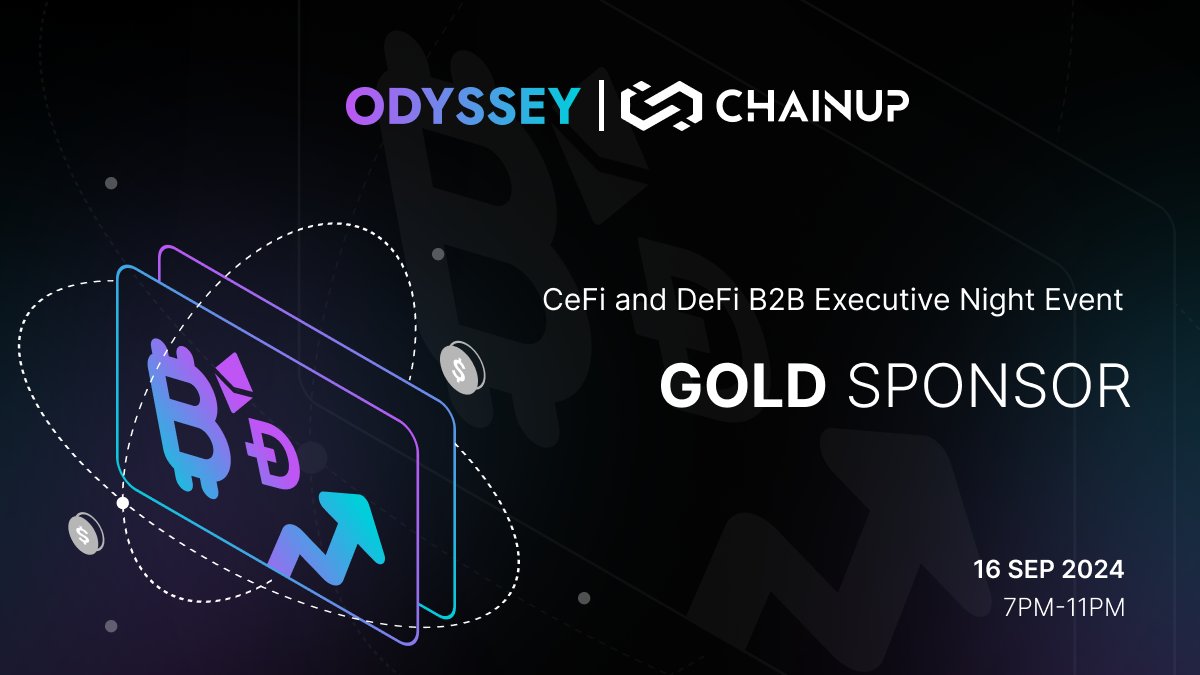 OdyExchange's tweet photo. 🚀 Our team is heading to an exclusive event by @ChainUpOfficial to connect with founders & C-levels from Web3, crypto, and TradFi. 🌐 We're proud to be the GOLD sponsor of this event! 🥇

📆 See you at the DeFi Executive Night Event on Sep 16, 2024, 7 PM - 11 PM! 🌟 #DeFi #Web3 #Crypto #TradF