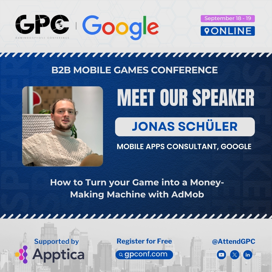 Meet the speakers of GPC Online, supported by <a href="/Apptica_com/">Apptica.com</a> 📢 

🎙️ Jonas Schüler, Mobile Apps Consultant, <a href="/Google/">Google</a> 
 
Jonas helps app &amp; game publishers enhance monetization strategies, leveraging deep knowledge of mobile ads &amp; app revenue models to drive growth and profitability.