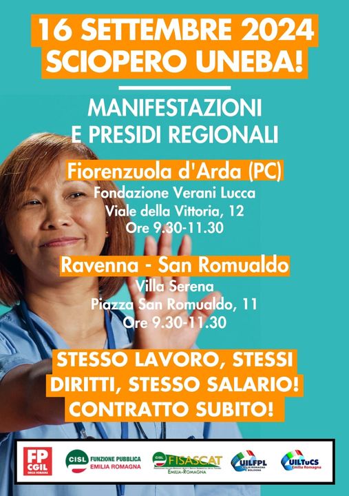 #16settembre Domani #sciopero nazionale per i 135 mila addetti del terzo settore socio-sanitario, assistenziale ed educativo #Uneba: in #EmiliaRomagna presidi a Fiorenzuola (PC) e Ravenna👉 tinyurl.com/y847zu49