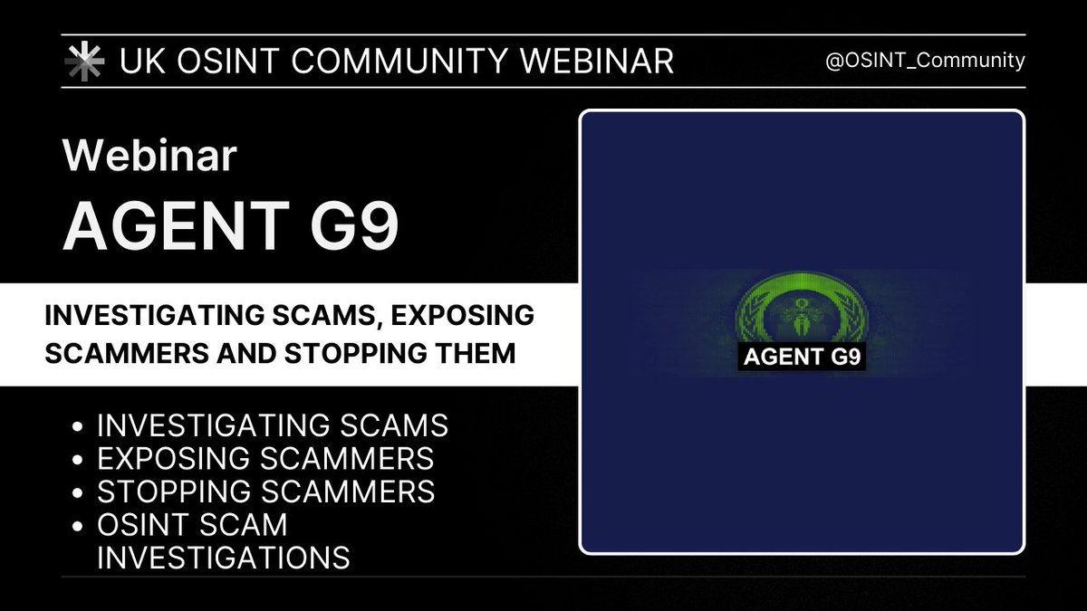⚠️Our second webinar has just been announced.

Join us to meet the legendary @g9agent, and learn how he investigates online scams, exposes scammers and stops them.

🗓️ Tune in on the 10th of November for his incredible story, how he grew his YouTube channel to a million views a