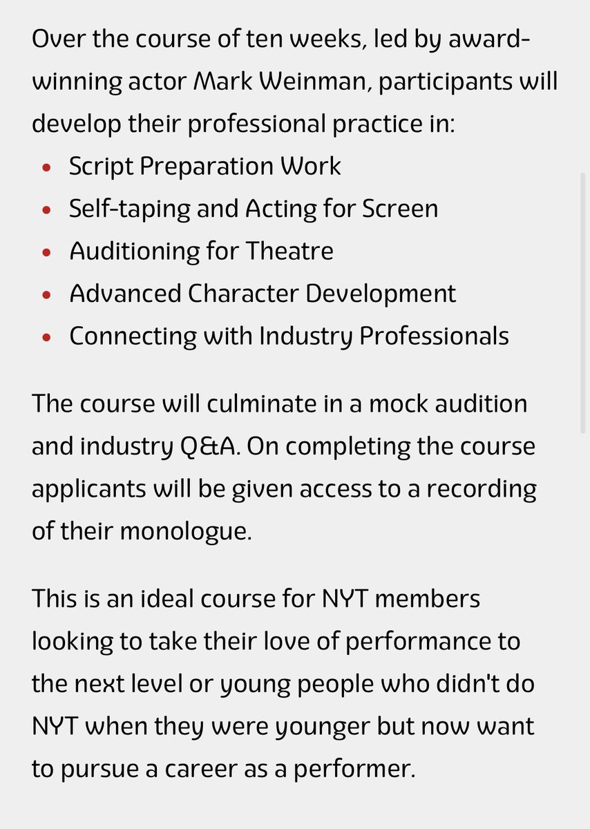 Marky Weinman (@markweinman) on Twitter photo Delighted to be running Career Kickstart again for <a href="/NYTofGB/">NationalYouthTheatre</a> - had so much fun designing & delivering this course over the summer with 30 incredibly talented young actors & I can’t wait to stretch it’s potential over a long form structure.
Book here: nyt.org.uk/our-courses/ca… Delighted to be running Career Kickstart again for <a href="/NYTofGB/">NationalYouthTheatre</a> - had so much fun designing & delivering this course over the summer with 30 incredibly talented young actors & I can’t wait to stretch it’s potential over a long form structure.
Book here: nyt.org.uk/our-courses/ca…