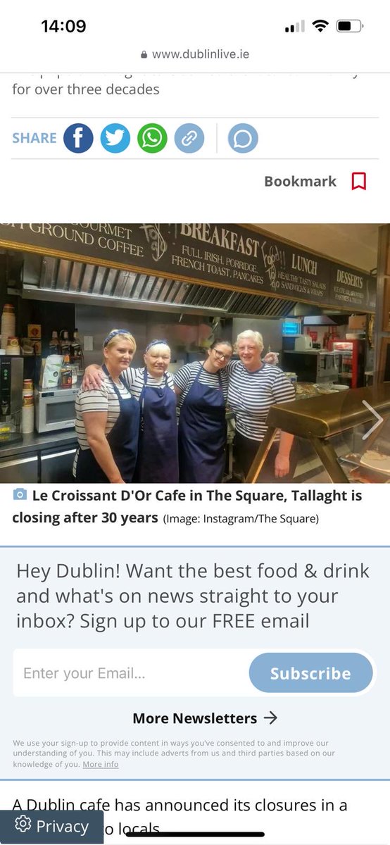 🚨Another Closure 

After 30 years in business Le Croissant D’Or Cafe - Tallaght Square calls time on business 

If Government doesn’t restore the 9% vat, hundreds more will close.

Food led Business model is broken due to 13.5% vat.