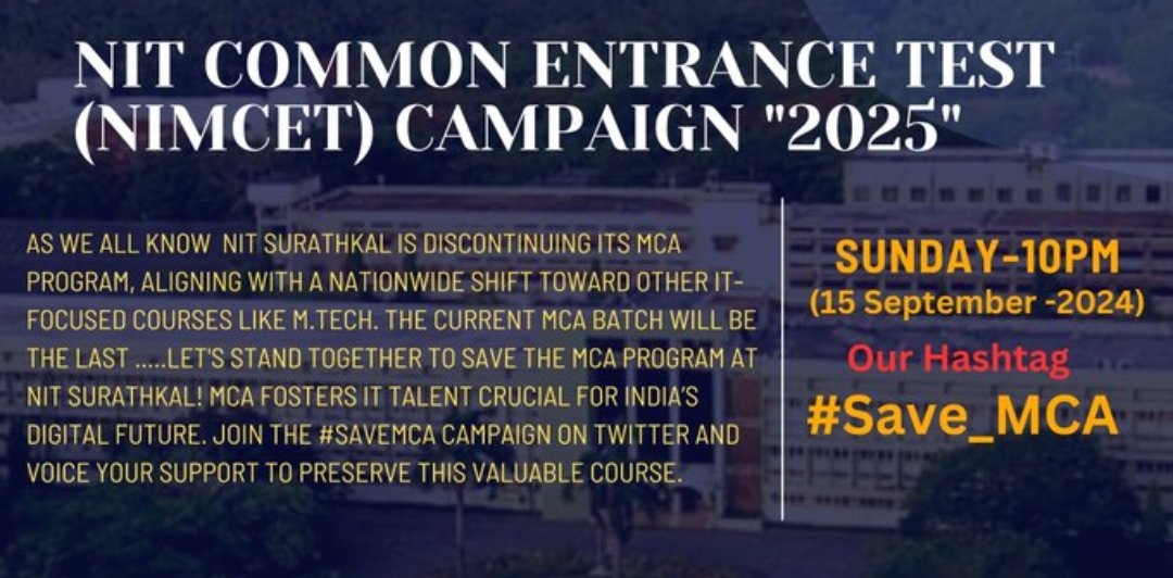 RoyPrabhat1's tweet photo. @dpradhanbjp Sir, discontinuing MCA at NIT Surathkal limits vital IT opportunities. MCA helps fuel India's tech growth. Please increase seats for #nimcet_2025(MCA) and protect future talent. Let’s unite to #SAVE_MCA_INCREASE_MCA_SEATS &amp; #Save_Mca #iit_nit_iiit #MHRD https://t.co/MrcP7bAHsz