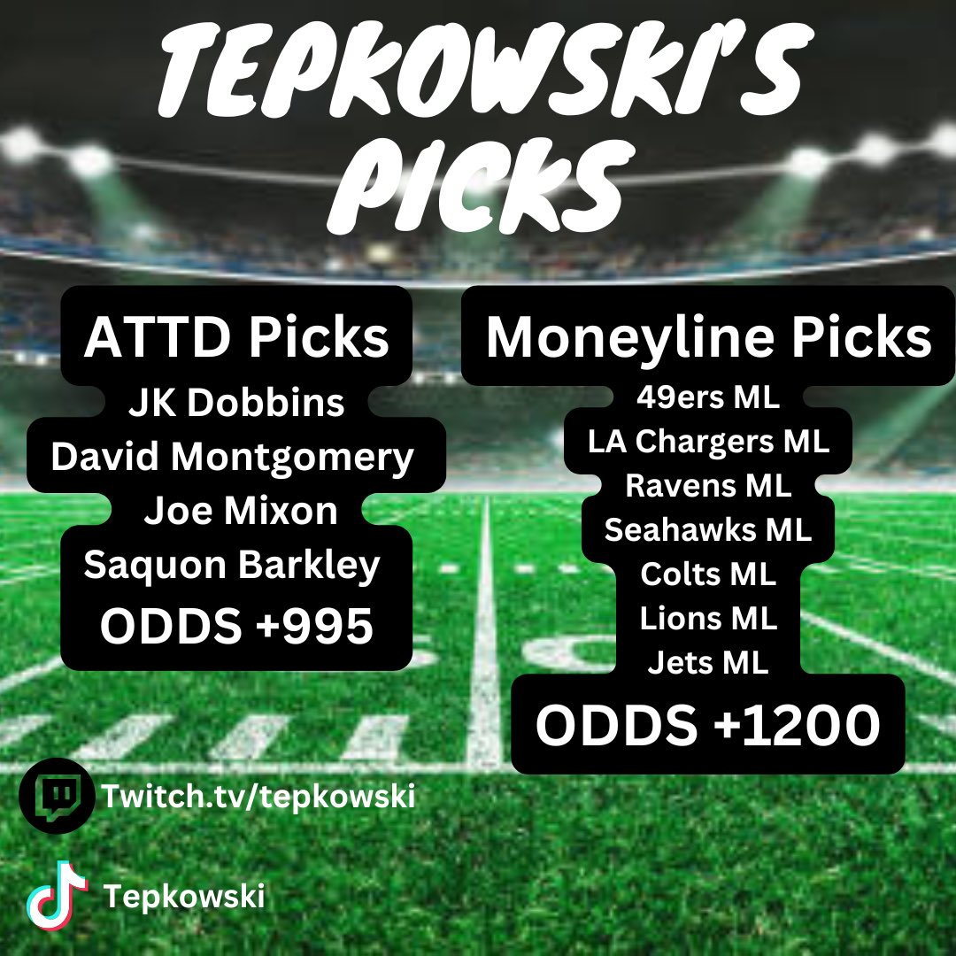 Tep 〽️ (@tepkowski) on Twitter photo Introducing our new Sunday segment “Tepkowski’s picks” these are what we cooked up this morning on stream. Let’s win 🙏🏻💰 <a href="/FDSportsbook/">FanDuel Sportsbook</a> Introducing our new Sunday segment “Tepkowski’s picks” these are what we cooked up this morning on stream. Let’s win 🙏🏻💰 <a href="/FDSportsbook/">FanDuel Sportsbook</a>
