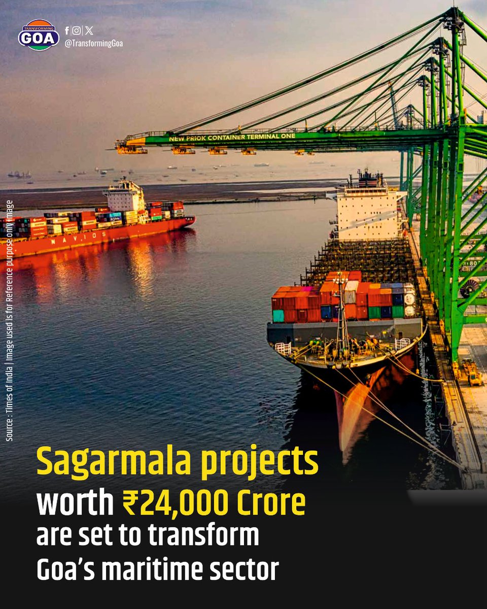 TransformingGoa's tweet image. Sagarmala projects worth ₹24,000 Crore are set to transform Goa’s maritime sector

#SagarmalaProjects #GoaMaritime #CruiseTourism #GoaDevelopment #PortsAndShipping #IndiaMaritime
