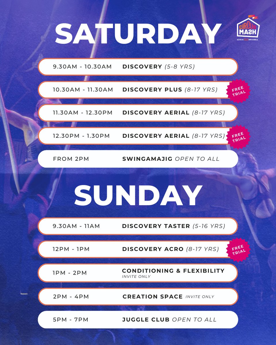 CircusMASH (@circusmash) on Twitter photo 🎪 What's on this Week at CircusMASH? 🎪
Our doors reopen tomorrow and we CAN'T WAIT 🤩
Don’t miss <a href="/Swingamajig/">Swingamajig</a> on 21st Sept & our Discovery Taster on 22nd! Book your spot now! 🚀
🔗 circusmash.co.uk/classes/
#WhatsOnBrum #CircusLife #JoinTheCircus 🎪 What's on this Week at CircusMASH? 🎪
Our doors reopen tomorrow and we CAN'T WAIT 🤩
Don’t miss <a href="/Swingamajig/">Swingamajig</a> on 21st Sept & our Discovery Taster on 22nd! Book your spot now! 🚀
🔗 circusmash.co.uk/classes/
#WhatsOnBrum #CircusLife #JoinTheCircus