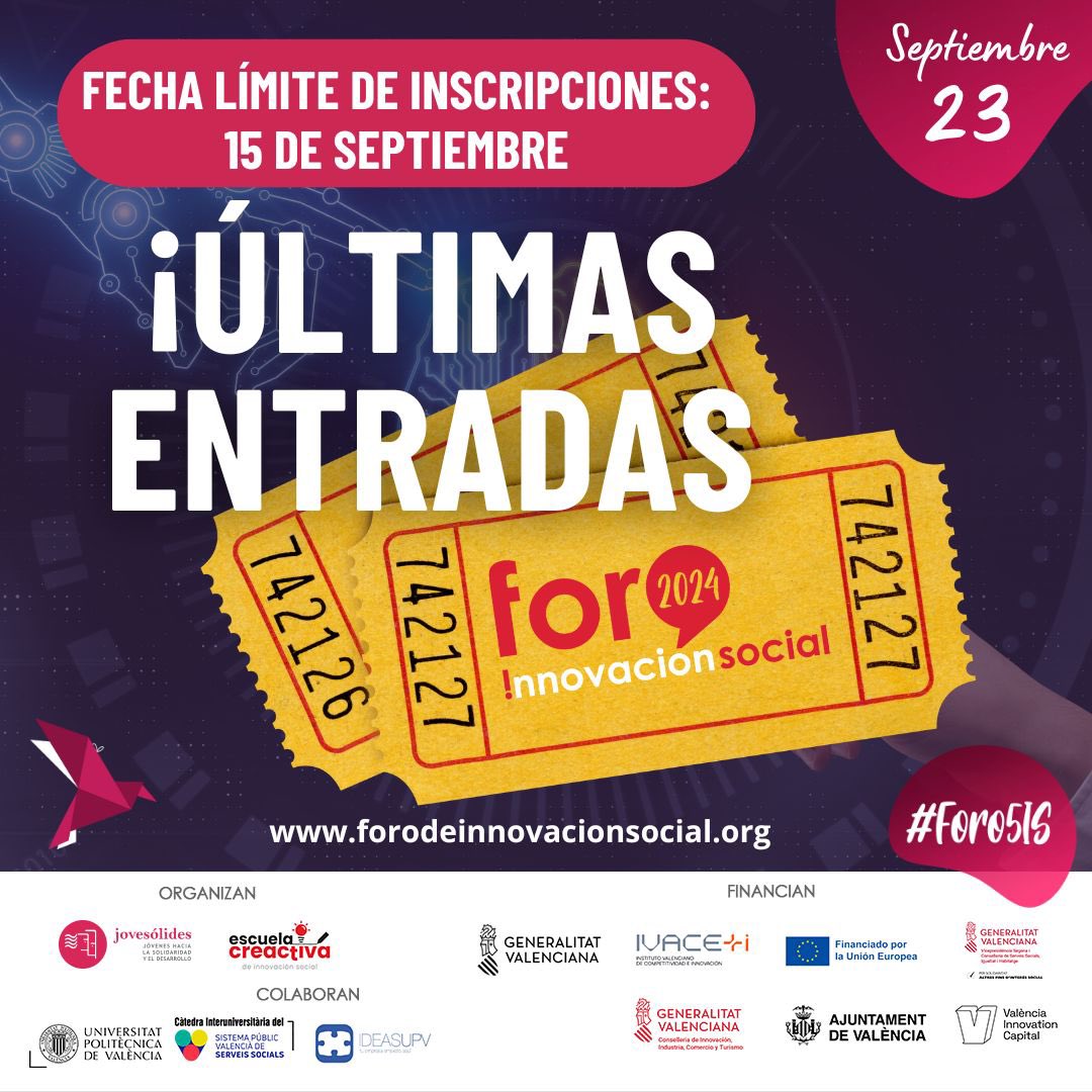 esthermh92's tweet photo. ¡Última oportunidad!⚠️

Hoy se cierran las inscripciones para el #VForo #Internacional de #InnovacionSocial, no te quedes sin la tuya.

https://t.co/C1XfPLYBdI

Ponencias, talleres prácticos, emprendimiento, inteligencia artificial y mucho más.

¡No te lo puedes perder!

#Foro5IS https://t.co/FE2cGf66j1