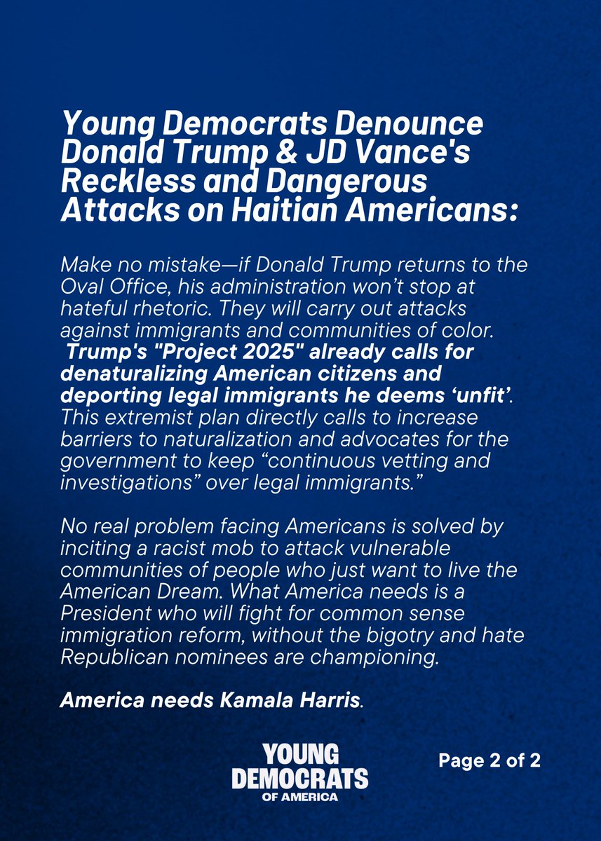 youngdems's tweet image. Trump & Vance knew they were spreading lies about Haitian Americans. Now, instead of apologizing for misleading voters and inciting their followers to make bomb threats against innocent people, they're doubling down on how it was "necessary" to deceive Americans.
Our statement: