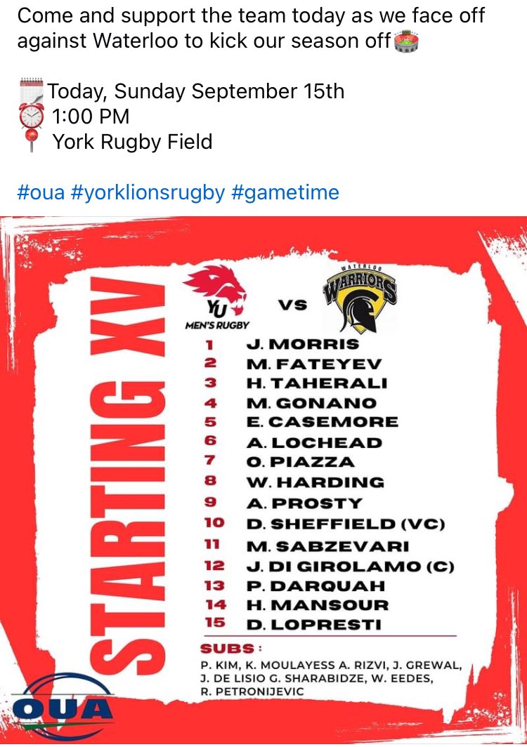 YorkU Men's RFC Alumni (@yorkmensrfcalum) on Twitter photo Season Opener: This afternoon the York University <a href="/yorkulions/">York Lions</a> Men’s Rugby team kicks off its 2024 season against <a href="/WlooWarriors/">Waterloo Warriors</a>!! Season Opener: This afternoon the York University <a href="/yorkulions/">York Lions</a> Men’s Rugby team kicks off its 2024 season against <a href="/WlooWarriors/">Waterloo Warriors</a>!!
