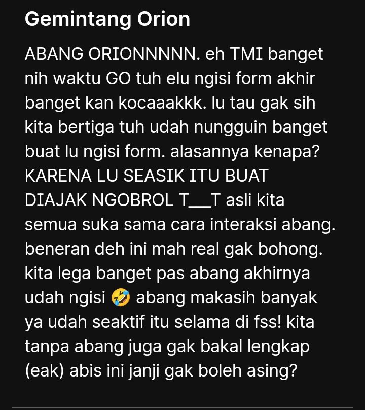 <a href="/FromSupersonic/">⭐️</a> <a href="/FromRadiants/">Proud Radiants, Dhika.</a> @subFSS. Makasih banyak untuk hadiahnya ya! Gue beneran terharu banget liat messagenya, engga nyangka diinget sampe segininya. Makasih banyak ya. Jangan lupa baca surat gue si padlet untuk kalian juga!! 👊🏻