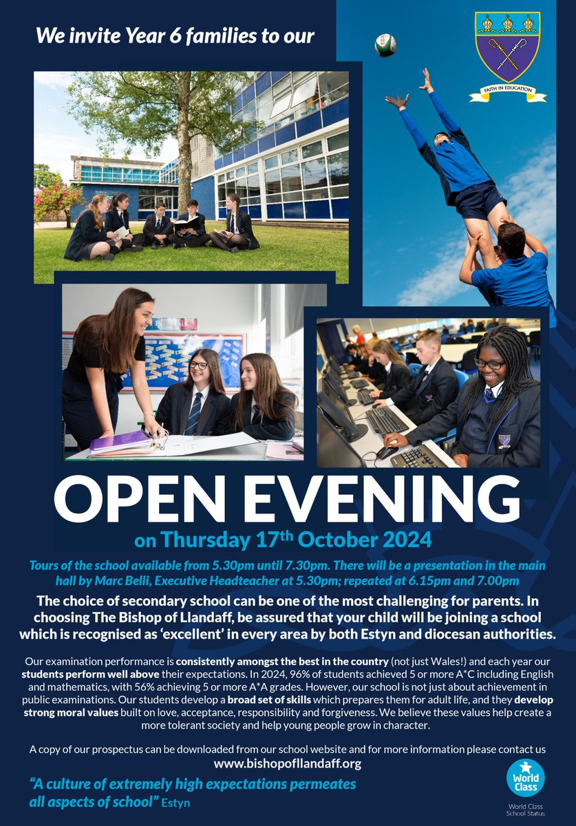 Our Open Evening for Year 6 families will take place on Thursday 17th October 2024. Tours of the school will be available from 5.30pm until 7.30pm. Mr Belli, Executive Headteacher, will present in the main hall at 5.30pm; 6.15pm; and 7.00pm. We look forward to welcoming you