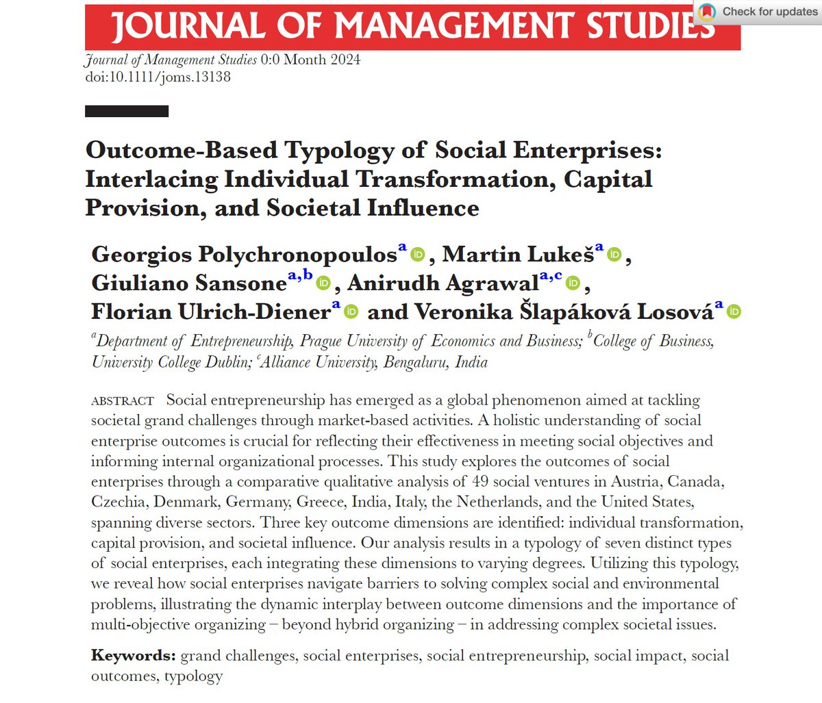 Published in Journal of Management Studies! 🎉

Excited to share our new paper on a new outcome-based typology of #SocialEnterprises. Huge thanks to my co-authors, editors, and reviewers!

Open access—check it out: doi.org/10.1111/joms.1…