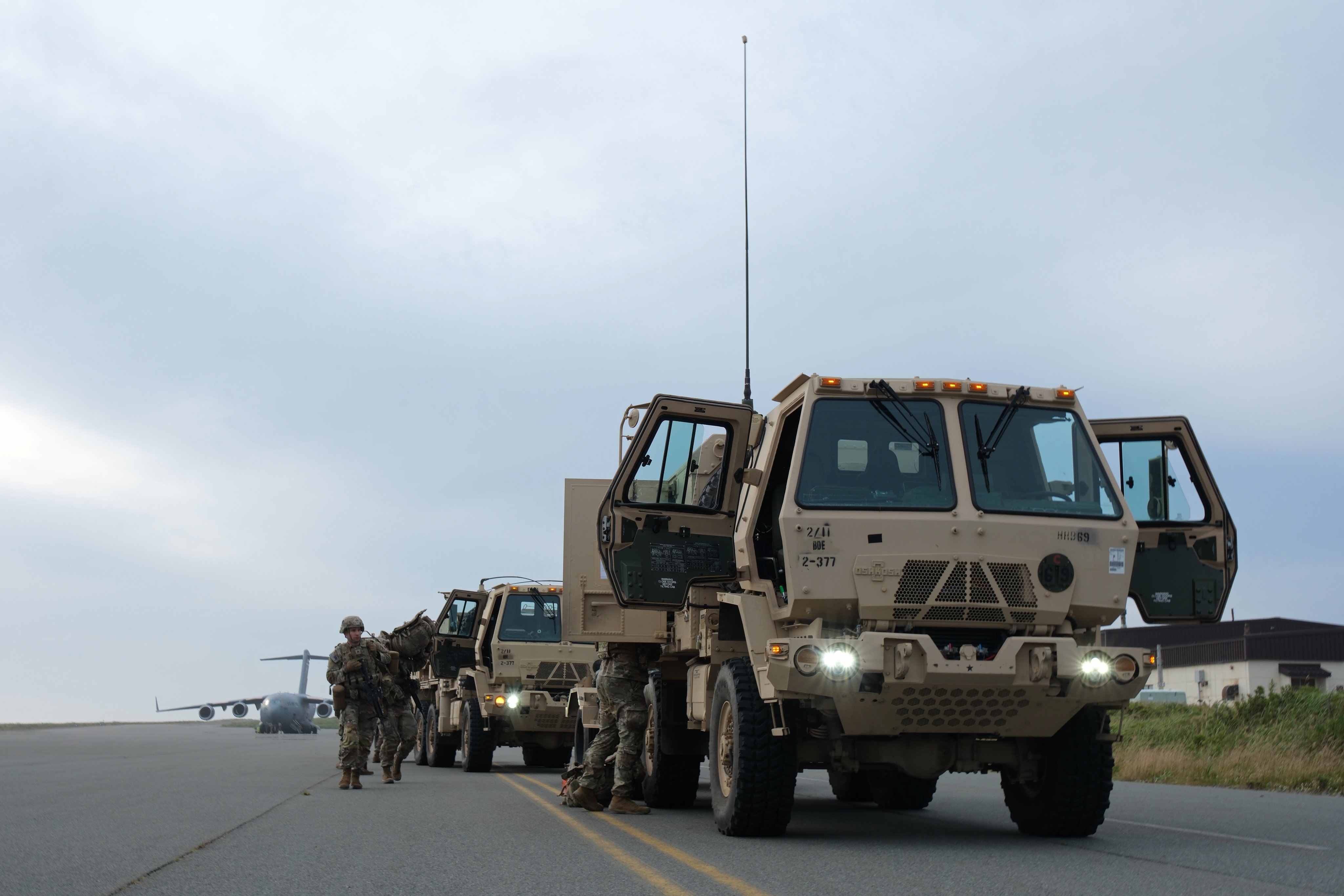 U.S. Army soldiers assigned to Radar Platoon, 2nd Battalion, 377th Parachute Field Artillery Regiment, 2nd Infantry Brigade Combat Team (Airborne), 11th Airborne Division, prepare a Light Mobile Terrain Vehicle (LMTV) carrying a Q-53 radar for movement after arriving on Shemya Island as part a force projection operation, Sept. 13, 2024. The operation demonstrates the division’s ability to deploy a ready, lethal force anywhere in the Indo-Pacific, or across the globe, no matter how challenging or remote the location. (U.S. Army photo by Spc. Brandon Vasquez)
