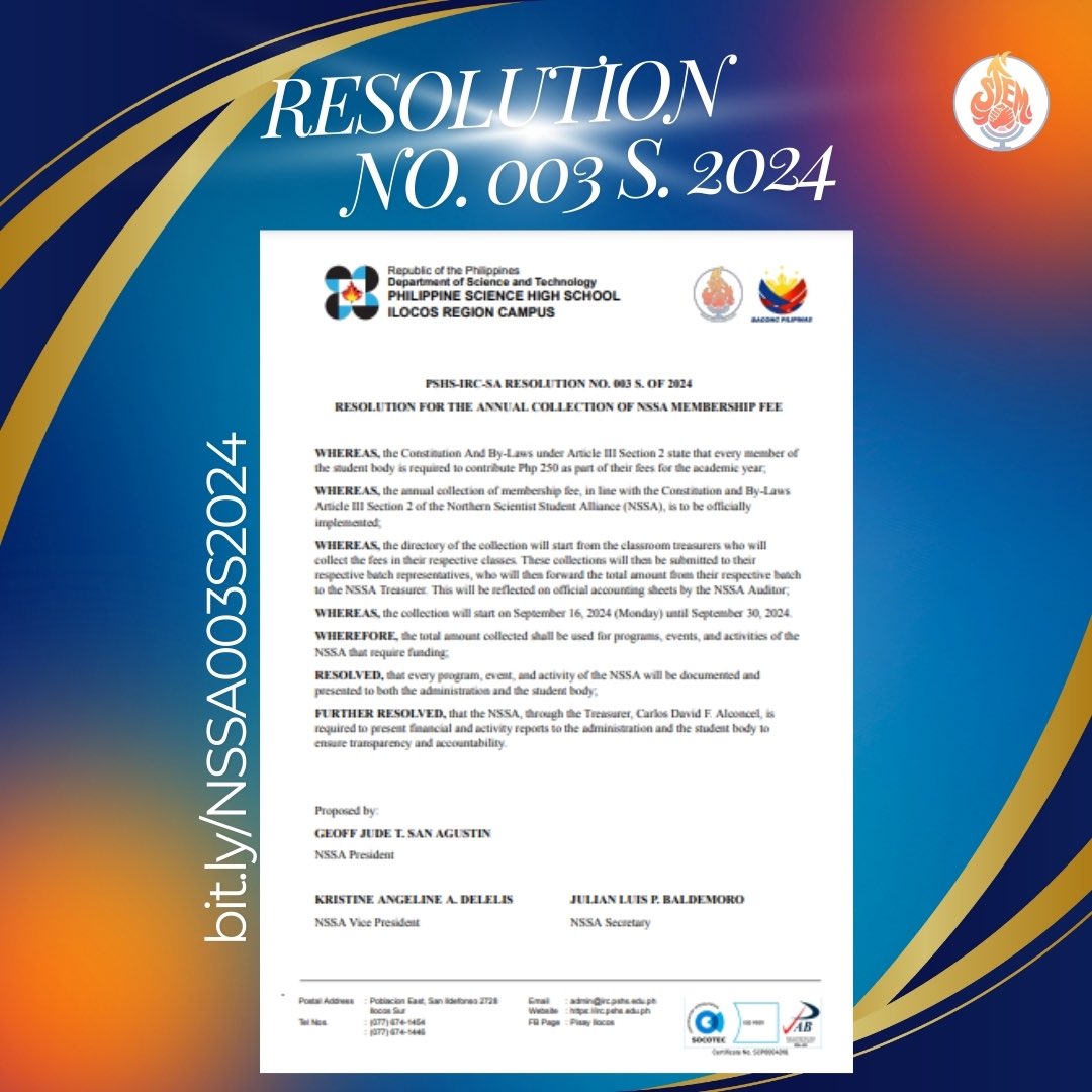 nssa_irc's tweet photo. 📢 𝗡𝗦𝗦𝗔𝗴𝘀𝗲𝗿𝗯𝗶 

The NSSA releases its third resolution, 𝐏𝐒𝐇𝐒-𝐈𝐑𝐂 𝐒𝐀 𝐑𝐄𝐒𝐎𝐋𝐔𝐓𝐈𝐎𝐍 𝐍𝐎. 003 𝐒. 𝐎𝐅 2024, containing the collection of the annual 𝐦𝐞𝐦𝐛𝐞𝐫𝐬𝐡𝐢𝐩 𝐟𝐞𝐞 (Php 250.00) 🔥.

#NSSAgserbi🫂
#NSSA2024🔥 https://t.co/0J2nic5MGp