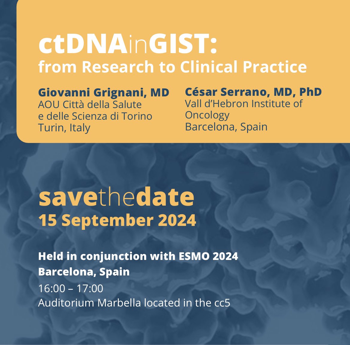 César Serrano García (@drcesarcoma) on Twitter photo 🩸🧬 Willing to learn more about #ctDNA development in #GIST?
Please come by to this #MeetTheExpert at #ESMO24 with me and Dr. Giovanni Grignani ✍️
🗓 Today 15/09
🕒 4-5pm
🪧 Marbella Auditorium cc5 🩸🧬 Willing to learn more about #ctDNA development in #GIST?
Please come by to this #MeetTheExpert at #ESMO24 with me and Dr. Giovanni Grignani ✍️
🗓 Today 15/09
🕒 4-5pm
🪧 Marbella Auditorium cc5