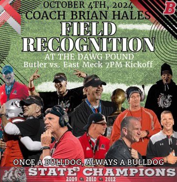 Come out to support Coach Brian Hales <a href="/JustCoachHales/">Brian Hales</a> as we honor his legacy by naming the field after him “Coach Brian Hales Field” Friday, Oct 4; 2024 as we take on East Meck, 7pm Kickoff!! 

#CHAMPIONSONLY