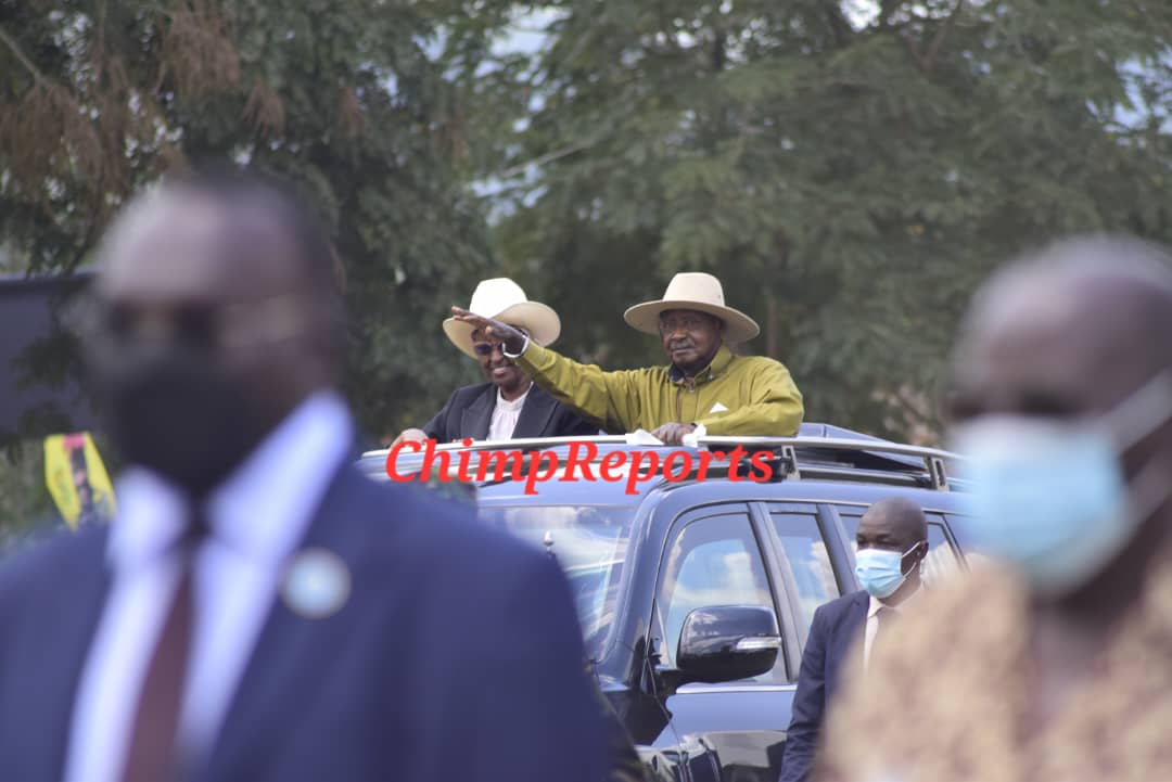 JBNyamate's tweet photo. President Museveni &amp; First Lady arrive in Kijjaguzo, Semuto Town Council, Nakaseke, to mark President Museveni's 80th birthday with a thanksgiving service and ceremony, attended by dignitaries and well-wishers. Theme: 80 Years of a revolutionary  life under God. #ChimpReportsNews https://t.co/7SzTVnvbh5