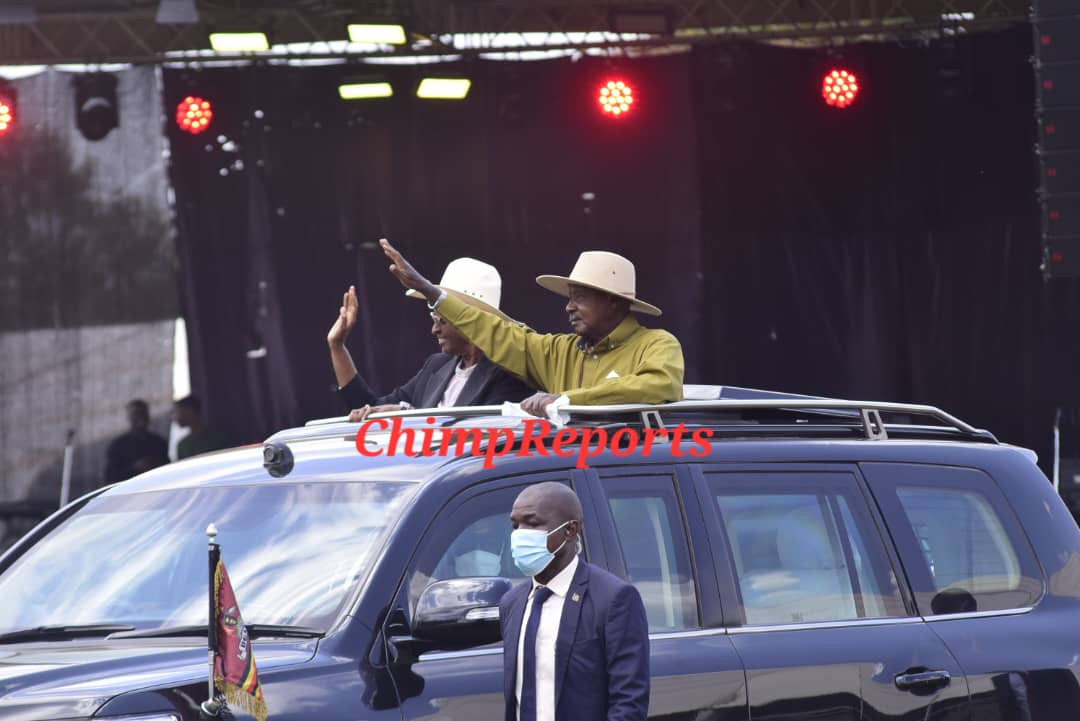 JBNyamate's tweet photo. President Museveni &amp; First Lady arrive in Kijjaguzo, Semuto Town Council, Nakaseke, to mark President Museveni's 80th birthday with a thanksgiving service and ceremony, attended by dignitaries and well-wishers. Theme: 80 Years of a revolutionary  life under God. #ChimpReportsNews https://t.co/7SzTVnvbh5
