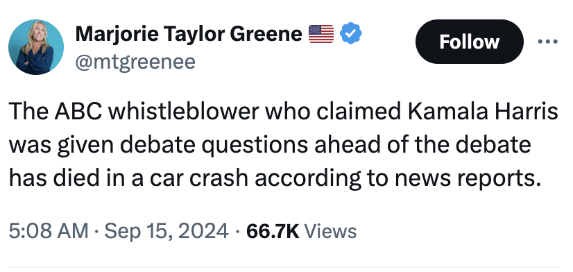 acnewsitics's tweet photo. Marjorie Taylor Greene is now sharing conspiracy theories because Donald Trump lost the debate. https://t.co/tlPMGISPJH