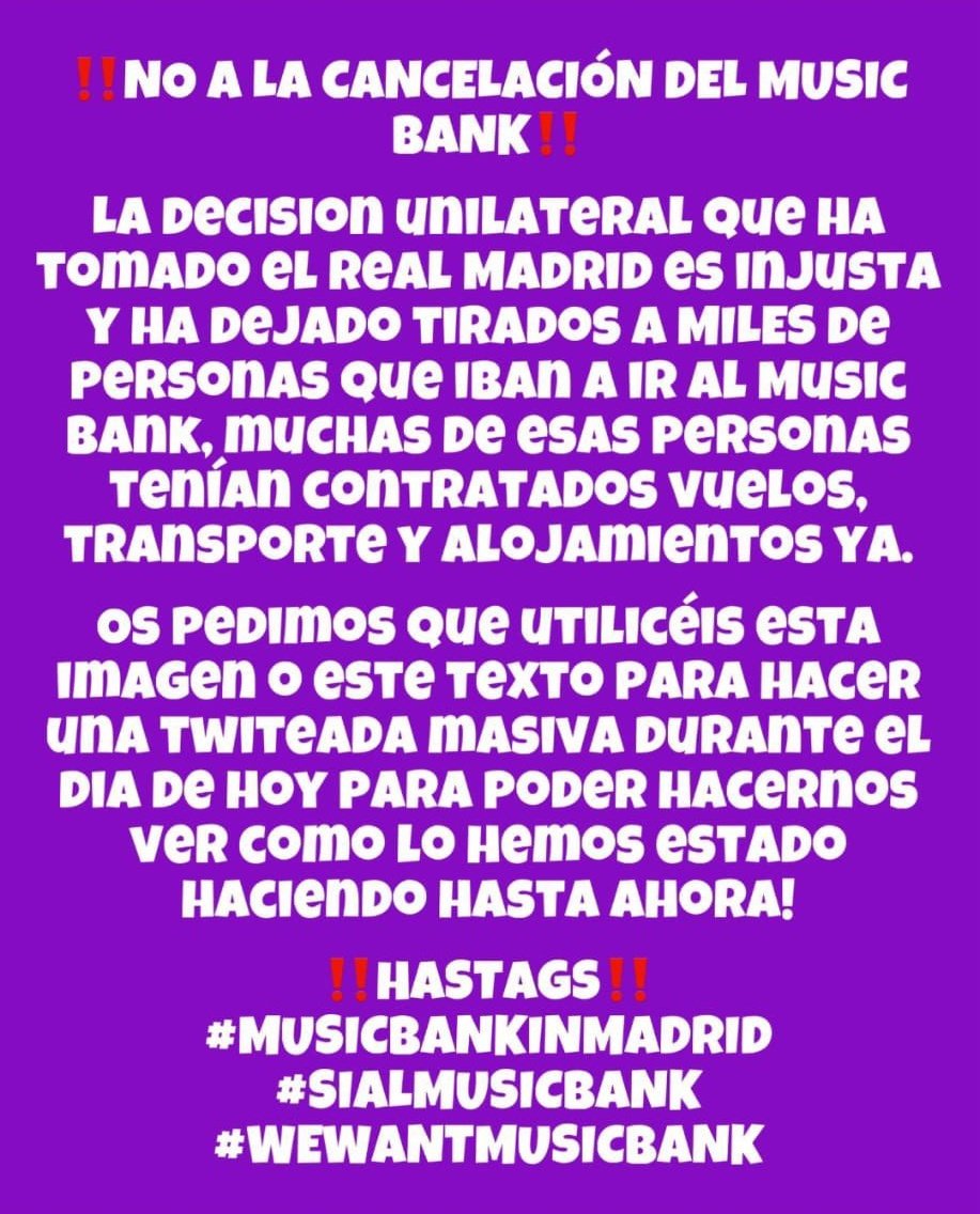 [❗] Queremos sumarnos a la iniciativa y petición colectiva para que no se cancele el Music Bank (Korean Power) del proximo 12 de Octubre. 

Lee los mensajes de las imágenes y únete a la recogida de firmas en:

chng.it/MdgPPWncn2

¡Apoyemos el k-pop en España y Europa!