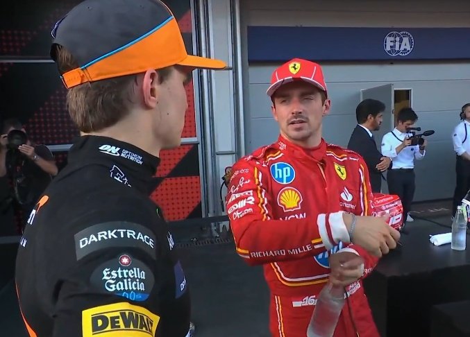 leclercsletters's tweet image. charles explaining the crash between checo and carlos to oscar and george 😭😭