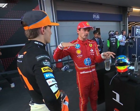 leclercsletters's tweet image. charles explaining the crash between checo and carlos to oscar and george 😭😭