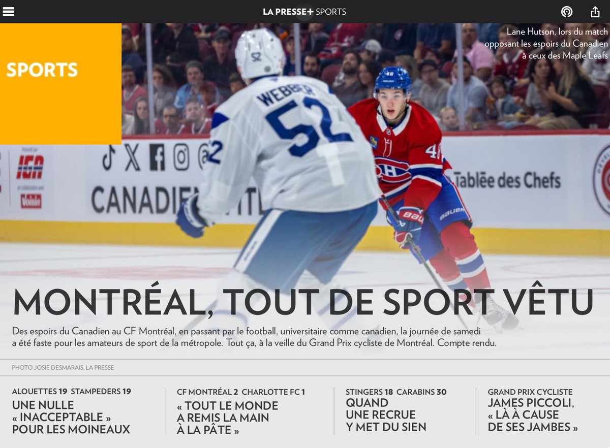 Il y en a pour tous les goûts dans La Presse+ ce matin:
* <a href="/SO_Lorange/">Simon-Olivier Lorange</a> sur le CH
* <a href="/kharveypinard/">Katherine Harvey-Pinard</a> sur le CFMTL
* <a href="/RickMartel15/">Éric Martel</a> sur les Alouettes
* <a href="/glefrancoisLP/">Guillaume Lefrançois 🟦🏙️</a> sur Carabins-Stingers
* Et <a href="/simondrouin/">Simon Drouin</a> , toujours passionnant sur la couverture des Grands Prix cyclistes