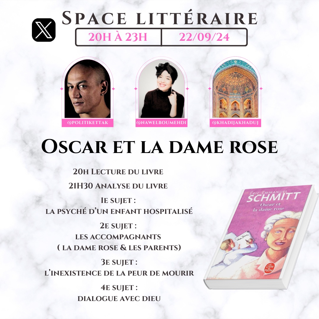 Mon prochain space littéraire aura lieu le 22/09/24. 

1ère partie : Lecture du livre par <a href="/PolitikEtTak/">Doulfikar</a> à 20h.

2ème partie : Entrée en scène de <a href="/KhadijaKhaduj/">خديجة</a> avec qui nous discuterons de l'hospitalisation des enfants et des sujets notifiés sur le flyer. 

A dimanche ;)