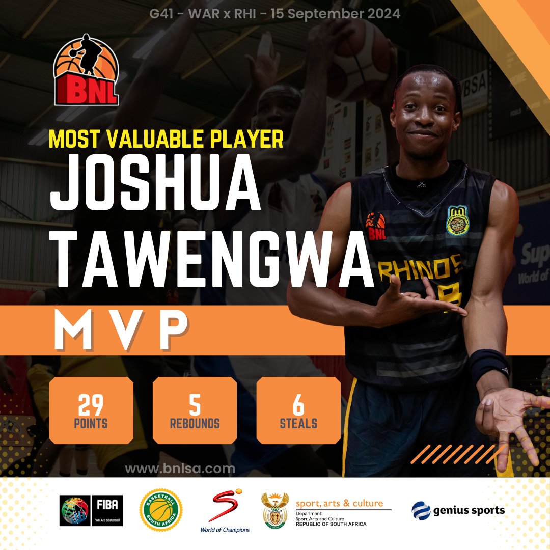 BNLSA's tweet photo. 🎖️ MVP Alert: Joshua Tawengwa led the Mpumalanga Rhinos to a 77-64 win over the Warriors with 29 points, 5 rebounds, and 6 steals! 🔥🏀 Time to enjoy sweet rewards with @Krispykreme_ZA #MVP #BNLSA https://t.co/5w2Ap9DJrp