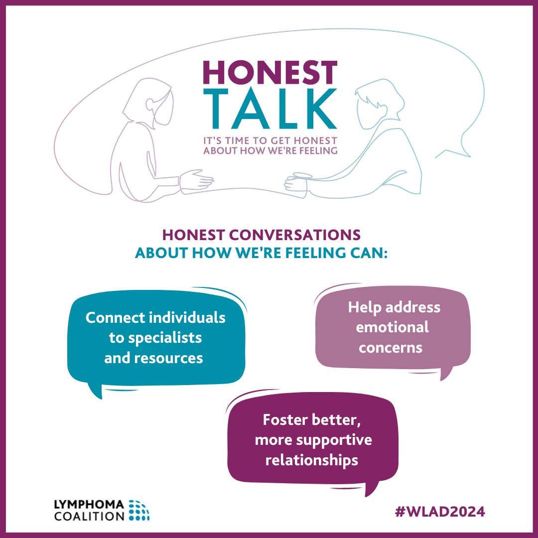 Today is #WorldLymphomaAwarenessDay. We're encouraging those impacted by #CLL to have an #HonestTalk with loved ones &amp; care teams about their emotional health, as doing so can lead to receiving the care &amp; support they need. Find resources at: bit.ly/3LntAx0 #WLAD2024