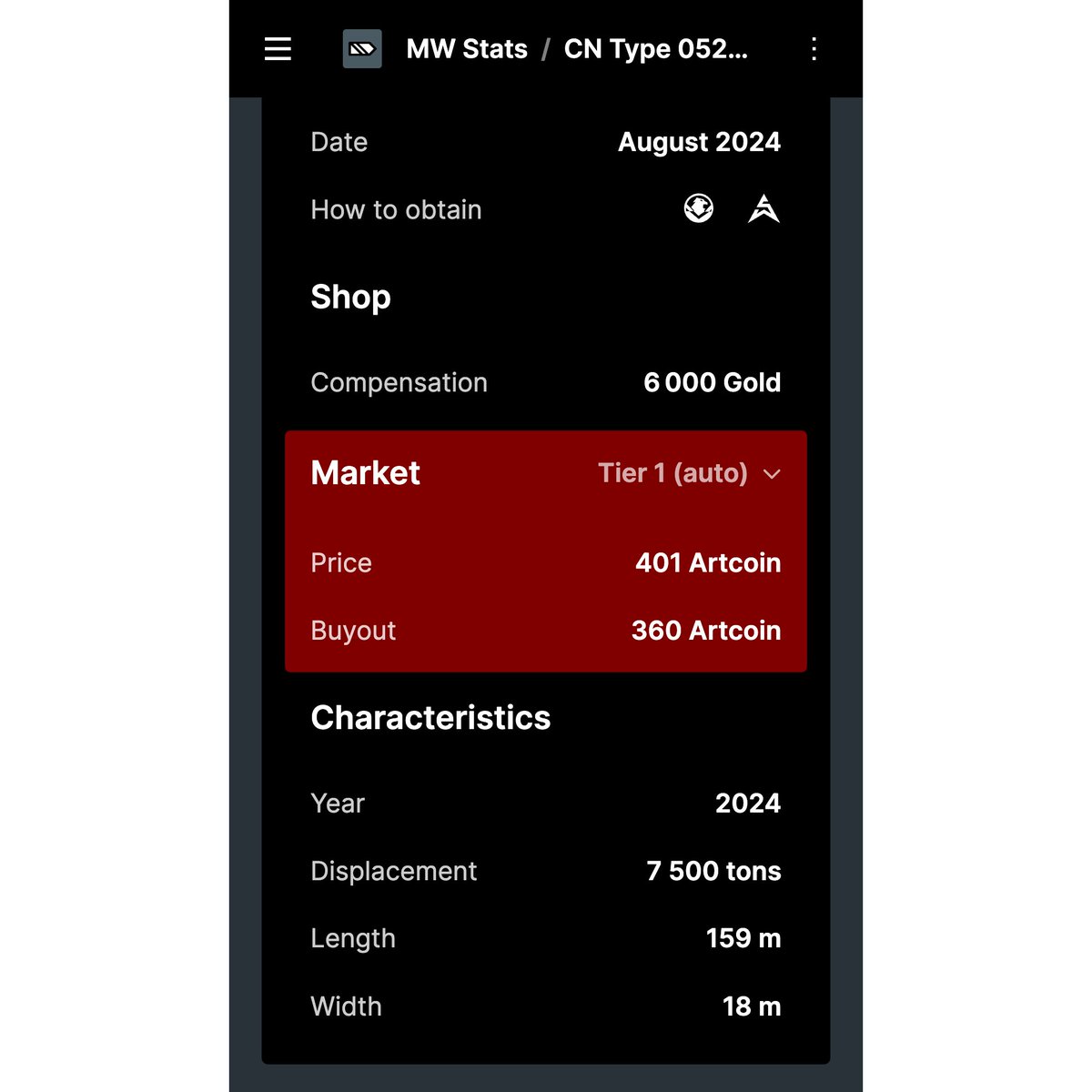 mwstats_info's tweet photo. New feature has been added to MW Stats: Market prices 📈

You can now see market price for ships, weapons and aircraft that can be purchased on the market. You can also see the buyout price for market items. #ModernWarships https://t.co/FXFjWHCza9