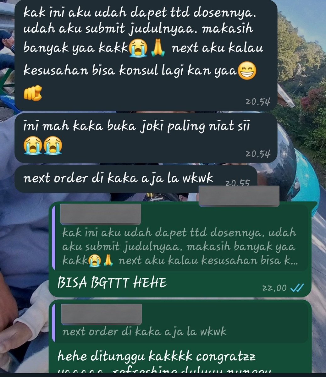 Testiiii reall darii cust konsul judul skripsi💖🤩
fast respon bgt lohhhh... 
tiap hari di chatt pasti dibalas dan bole konsul (batas sampe jam 11 malam krn suda tidur)
yuuk cht wa.me/6282123226624

yuk skrg giliran kalian yg acc judul. cht aku ya🤩

#jokitugas 
#zonauang