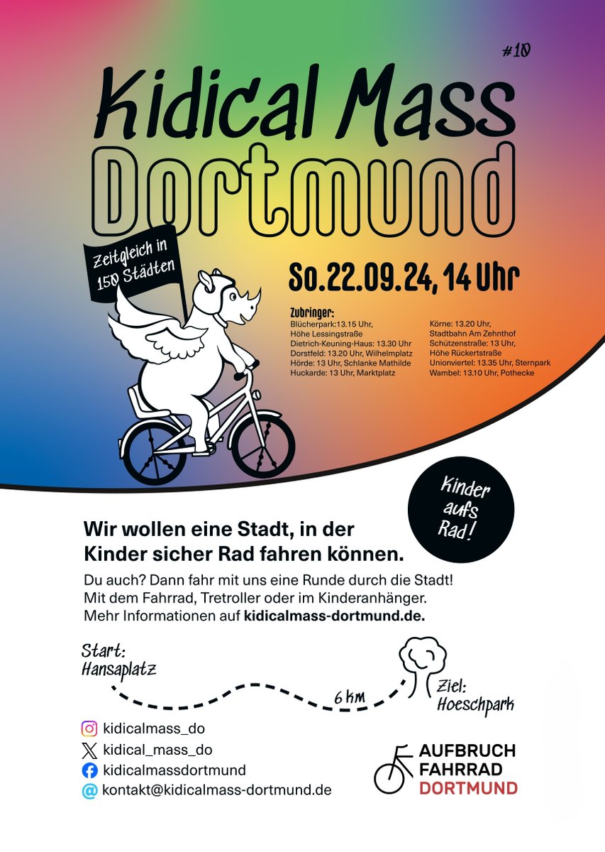 kidical_mass_do's tweet image. Zur 10. #KidicalMass #Dortmund wirds bunt! ❤️💚💜🧡💙💛

Am Sonntag den 22. September starten wir mit der nächsten Fahrraddemo für Kinder vom Hansaplatz bis zum Hoeschpark. Organisiert von @aufbruchfahrrad_do