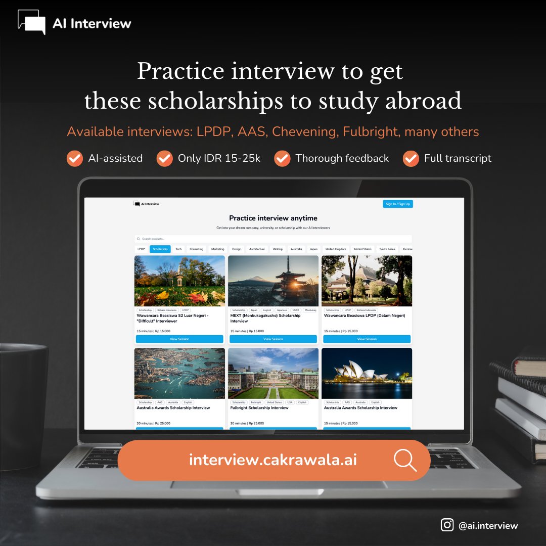 radjathaher's tweet photo. Untuk yang lagi nyiapin buat wawancara seleksi beasiswa, minggu depan kami juga ada event webinar gratis.

Nailing your Scholarship Interview a webinar by AI Interview

Sunday, 22 Sept 2024
10 am on Zoom (will be informed later) 

Register di sini: 
https://t.co/CV98zbnHKG
https://t.co/CV98zbnHKG
https://t.co/CV98zbnHKG 

Gak perlu bayar ya. Tinggal follow https://t.co/XtOch037cR di Instagram dan like & repost aja.

Semoga bisa membantu!