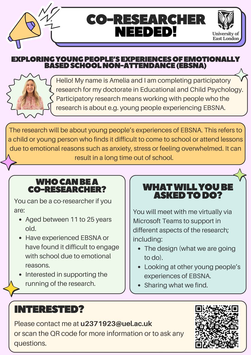 Please see my flyers about my research on young people's experience of EBSNA. I am recruiting participants and a co-researcher. If you're interested or know of anyone who might be, please get in touch! #twittereps