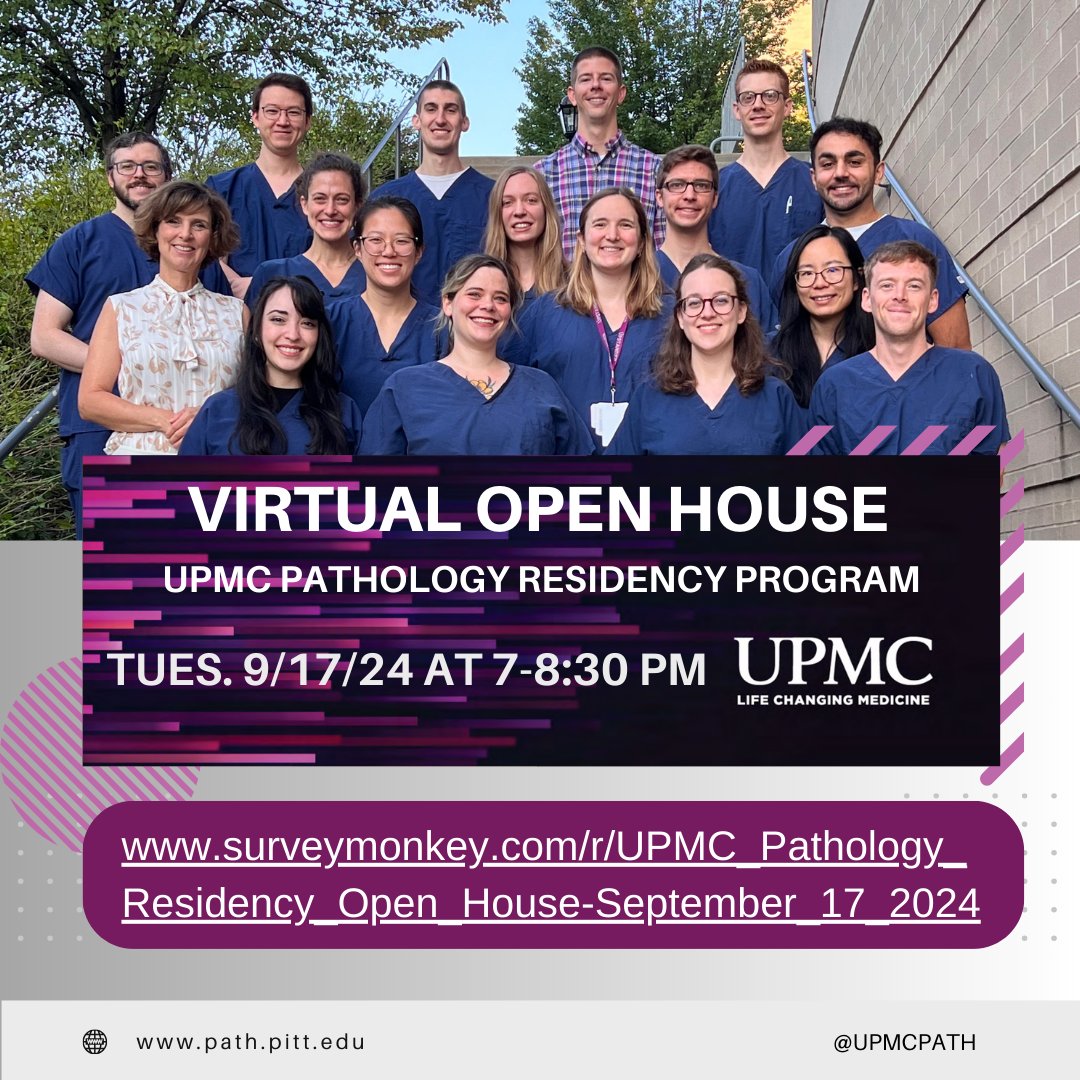 The Third and Final UPMC Pathology Residency Program Virtual Open House will be held Tuesday, September 17, from 7:00P - 8:30P (EDT).
Link to UPMC Pathology Residency website: path.pitt.edu/training/clini…
SurveyMonkey Virtual Open House Sign-Up link: surveymonkey.com/r/UPMC_Patholo…