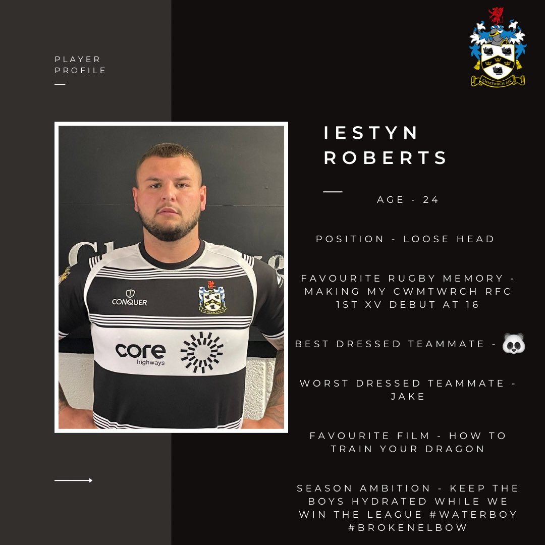 CWMTWRCHRFC's tweet image. ✨PLAYER PROFILE✨

Sunday’s player profile comes from Iestyn Roberts⚫️⚪️

Next game: 21.09.24 @ 2:30pm vs Cwmgwrach (H)

#FelUn
#PlayerProfile
