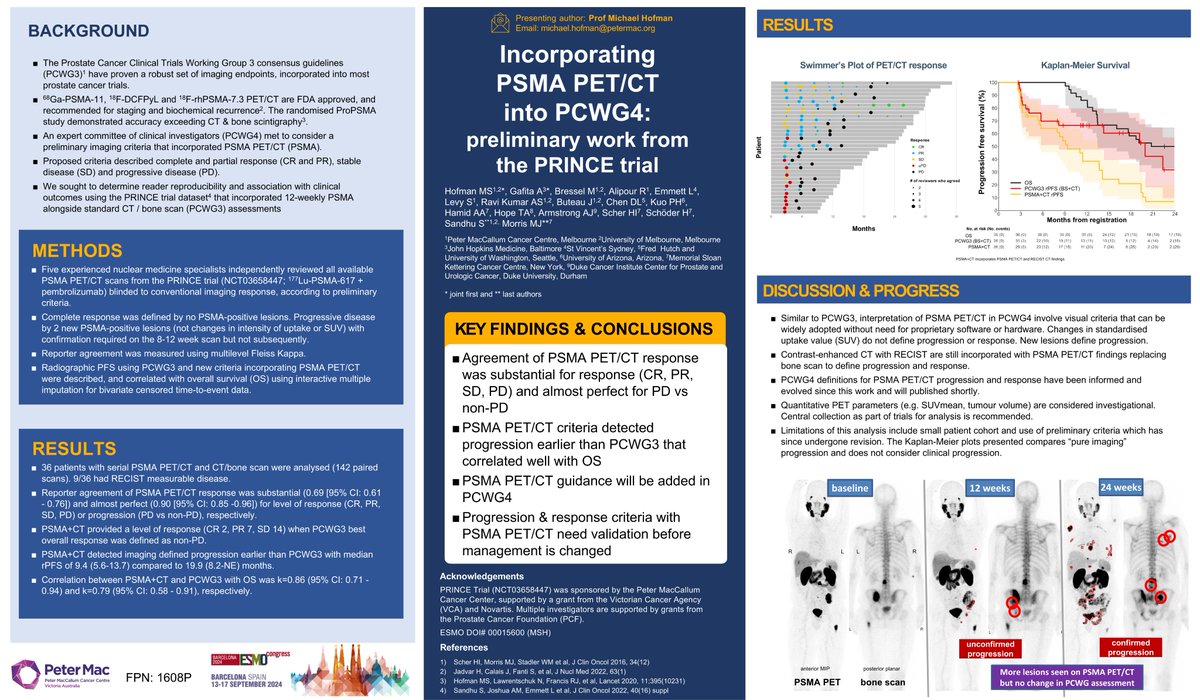 Incorporating PSMA PET/CT into PCWG4: preliminary work from the PRINCE trial #ESMO24 

See the KM curves on the top-right: PCWG3 curve using CT &amp; bone scan touches the overall survival curve as time goes on. That is because patients die before having PCWG3 radiographic