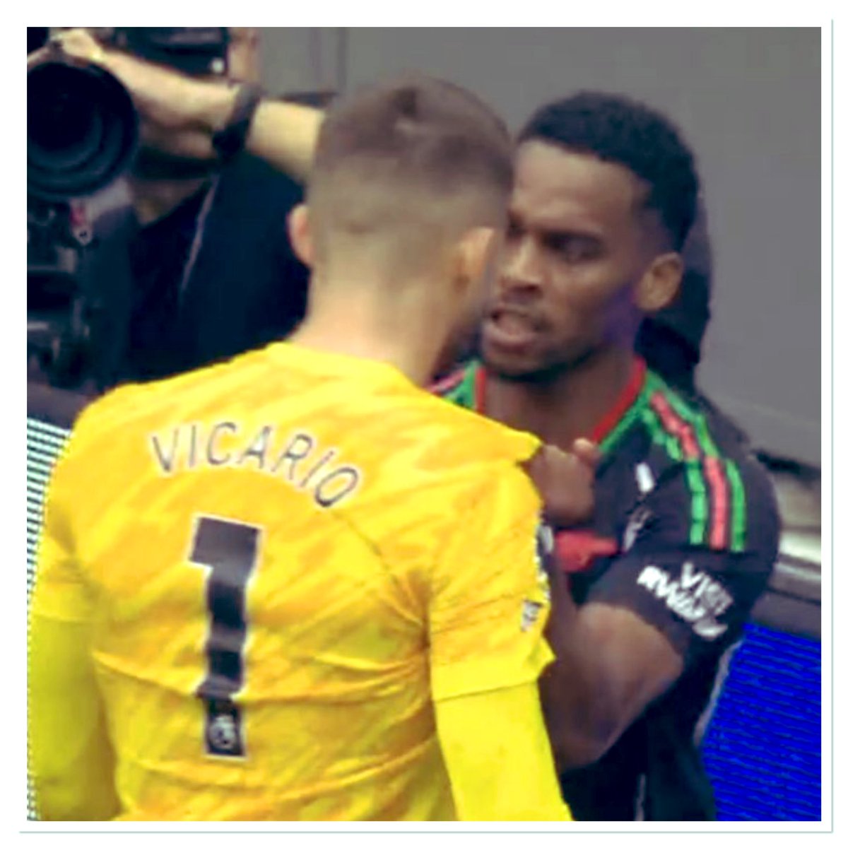 How does Vicario get booked for Timber grabbing his shirt?