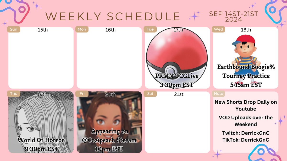 🎮 This Week We Stay Spooky:
Tues 3:30pm: PKMN TCGLive
Wed 5:15am: Earthbound Boogie%
Thur 9:30: World of Horror
Fri 10pm: Appearing on @CoziCreatives stream

Don't miss out! #Speedrun #RPG
