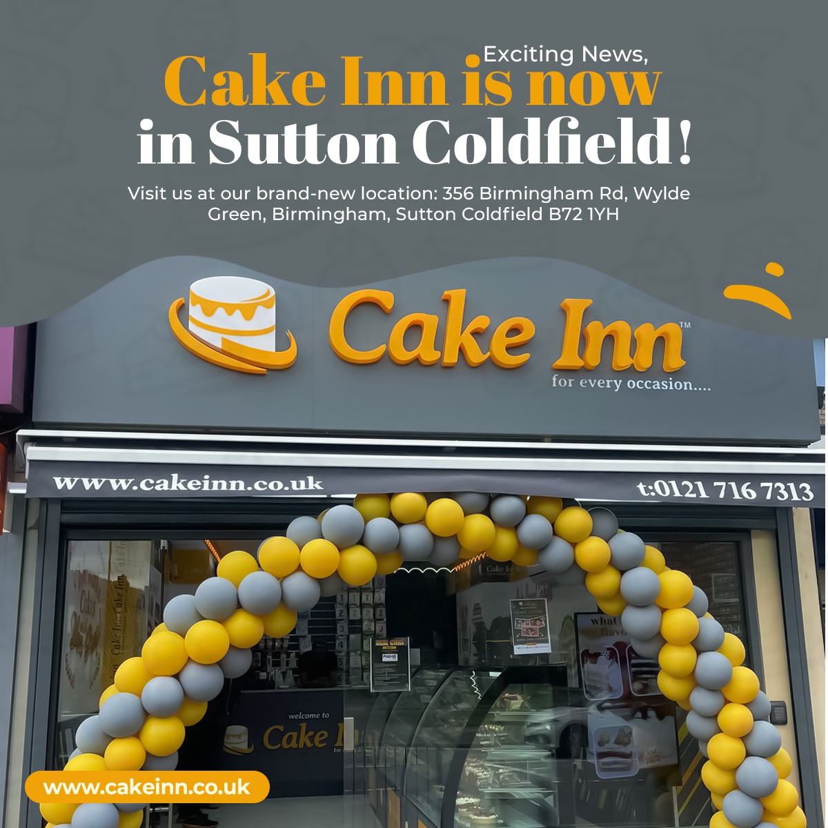 We're Open in Sutton Coldfield! 
Description: Exciting news! Cake Inn Sutton Coldfield is officially open. Visit us for delicious eggless, fluffy cakes and custom-made treats at 356 Birmingham Rd. Stop by and satisfy your sweet tooth! 
#CakeInn #SuttonColdfield #NowOpen