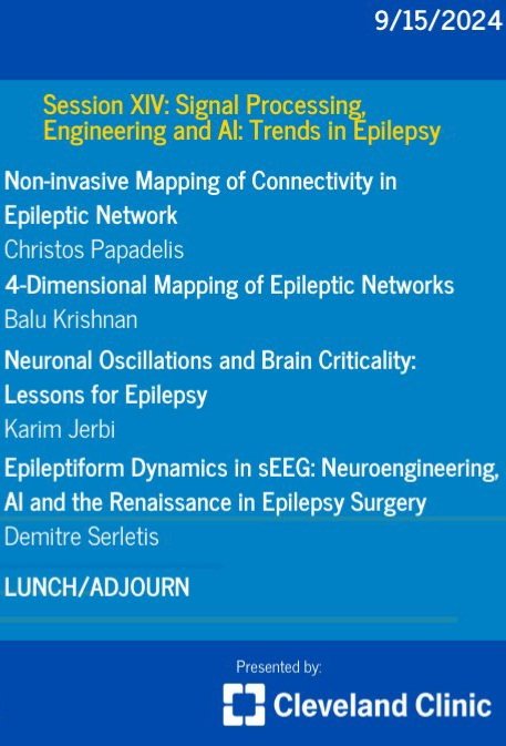 Pumped about the upcoming talks in Section XIV of the #CCFEpilepsySummit2024 meeting, focusing on #signal processing, #neuroengineering &amp; #AI! Last session, let's make it a good one!

#epilepsysurgery #epilepsy #neurosurgery #neurology #dynamics #complexity #SEEG #networks