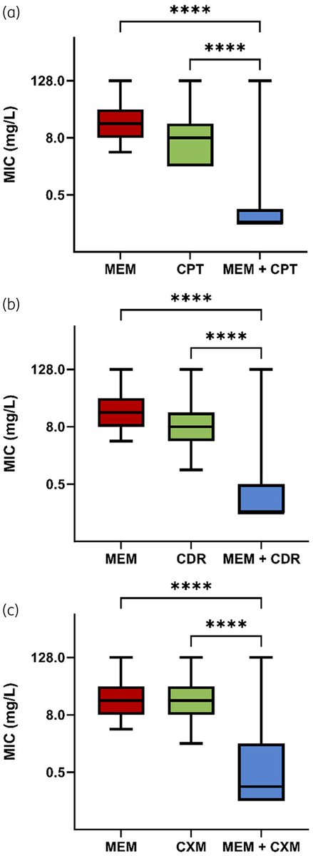 Dual β-lactam therapy works for M.abscessus
Is it useful for M.avium complex (MAC) as well?

Statistically significant ⬇️ of meropenem MIC was noted when it's combined with ceftaroline(CPT), cefdinir(CDR) and cefuroxime(CXM), especially with CPT and CDR

doi.org/10.1093/jacamr…