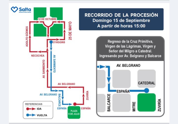 salta_transito's tweet photo. 📅 Recorrido de la Procesión | Domingo desde las 15:00 🕒
🔄 Conoce el trayecto y planifica tu ruta. Evita congestiones y sigue las indicaciones del personal de tránsito 🚓👮🏽♀️. 🙏
#Procesión #SaltaTransito #Milagro2024 https://t.co/fTA8cpgVq2