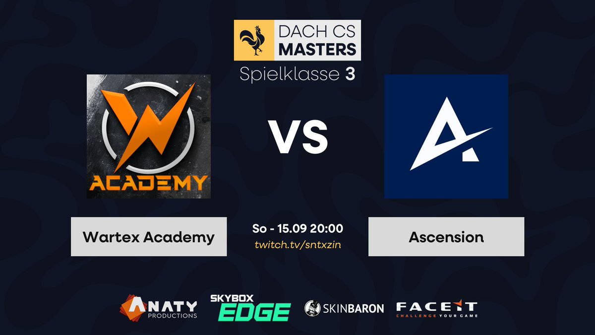[#WARTEXDACHCS]

Our AC team continues today with match no.2 in the Dachcs Div 3 after an exciting match against the first team. Today we are curious if our AC team will get the next victory.

🆚 <a href="/AscensionCS2/">Ascension</a> 
🗺️ Bo3
⏰ 20:00(CET)
📹 twitch.tv/sntxzin
🎙️ <a href="/sntxzin/">sntx</a>