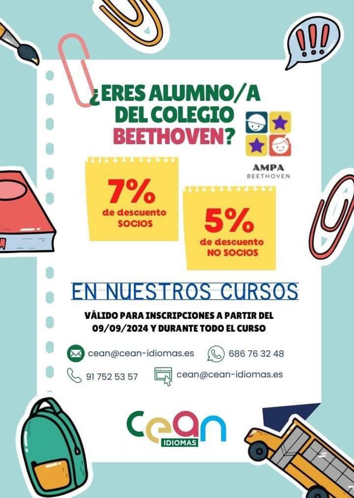 Y finalmente os presentamos también el acuerdo al que hemos llegado con la academia de idiomas CEAN pero está vez está dirigido tanto a alumnos del colegio Beethoven como a los socios de la asociación. Si eres alumno y no socio del AMPA tendréis un descuento de un 5% en la cuota
