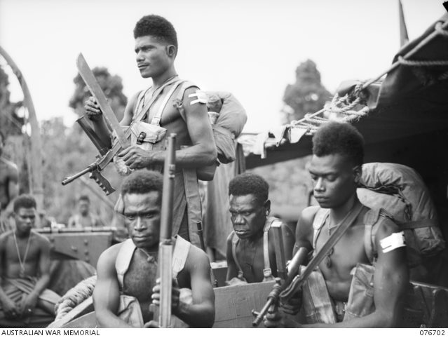Soldiers of B Company, 1st New Guinea Infantry Battalion aboard the former #Hawkesbury_River (New South Wales) vehicle ferry the Francis Peat in Jacquinot Bay on November 6, 1944.

#WWII #WW2 #WorldWarII